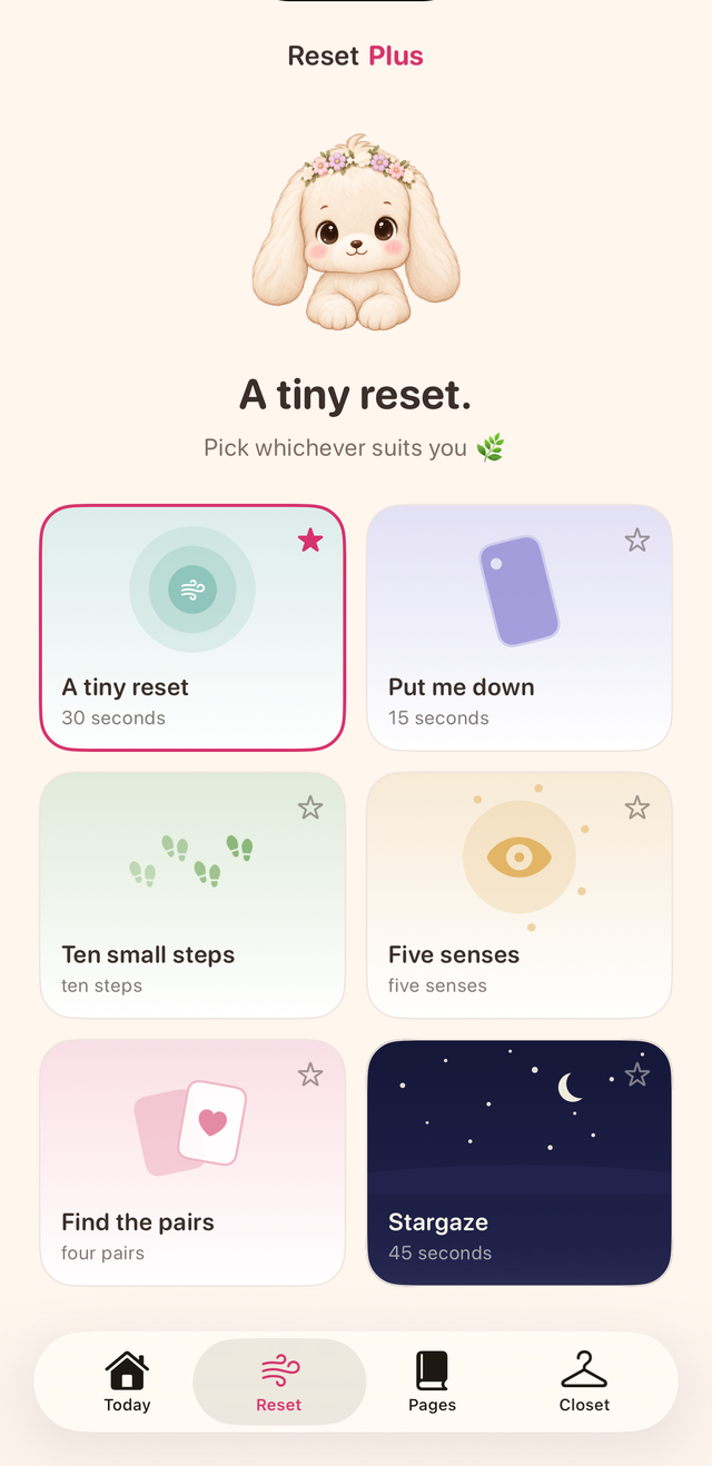 The Reset tab: six illustrated tiles, one per way to pause.