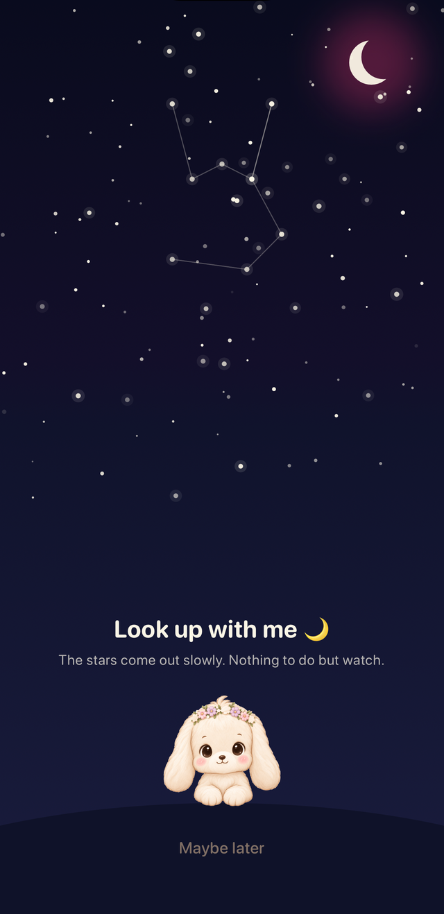 Stargaze: a night sky with a rabbit constellation and Mochi on a hill.