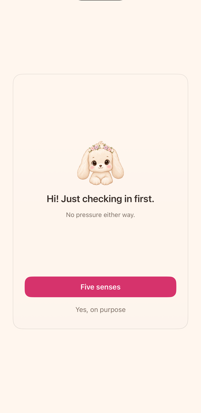 Mochi's interruption: the character asks whether you meant to open the app, with two buttons — take thirty seconds, or go in.